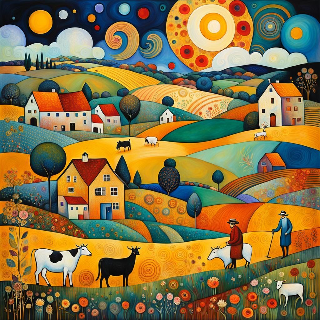 Neo-Expressionist Farm Scene in Klimt, Chagall, Kandinsky St...