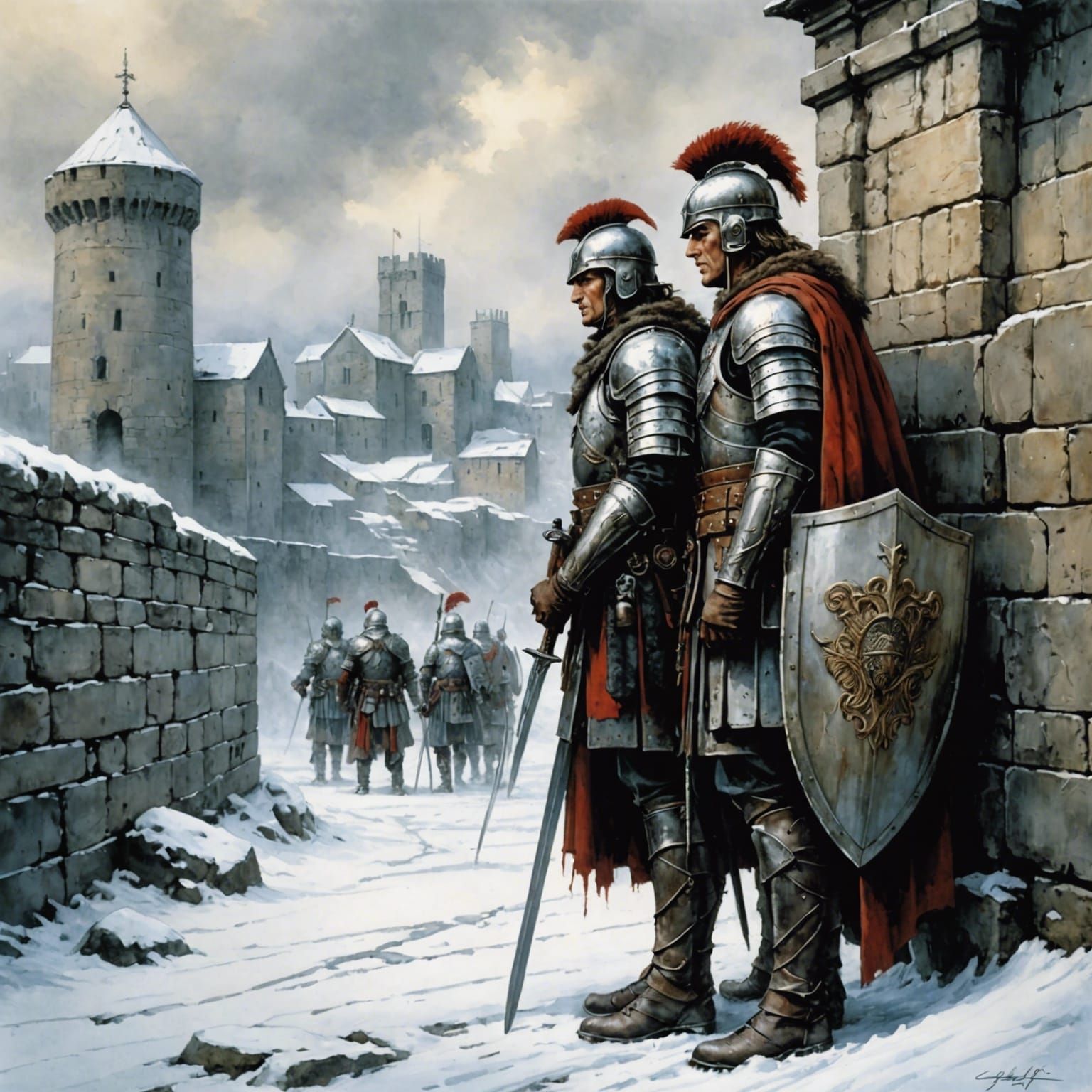 Roman Legionaries Guarding Wall in Winter, Airbrush Art