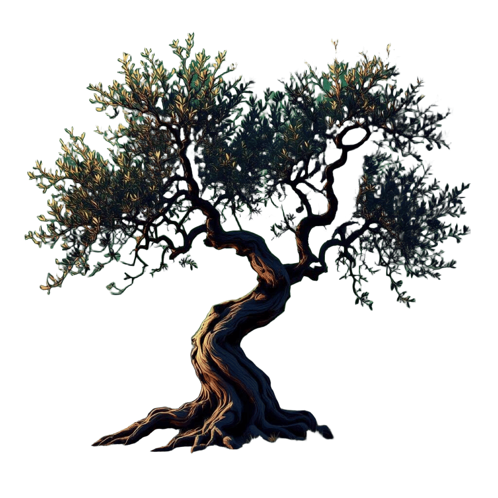 Gnarled Olive Tree Against Emerald and Amethyst Gradient