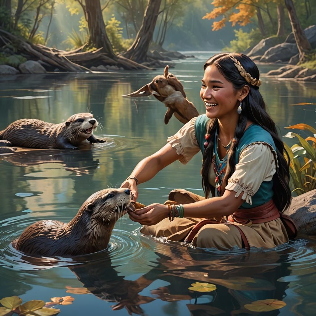 Hyperrealistic Pocahontas Petting an Otter in Lake