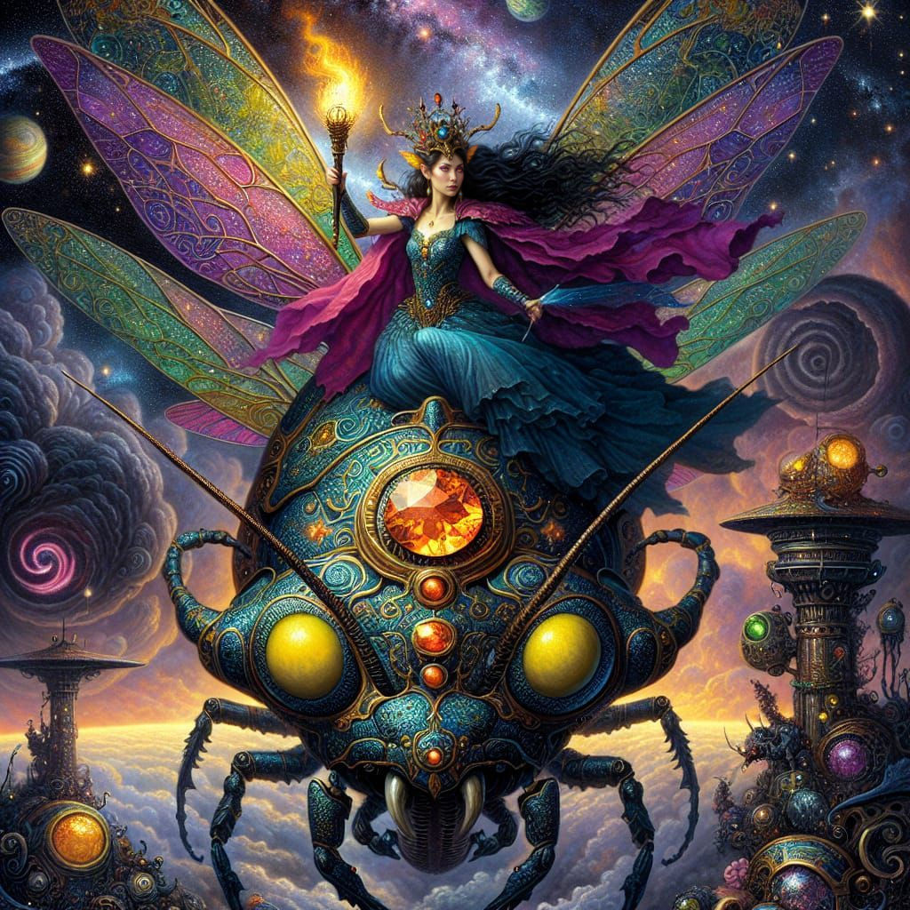 Steampunk Fairy Queen Rides Majestic Insect Companion