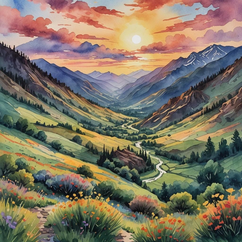 Mountain Valley Sunset: Impressionist Watercolor Painting