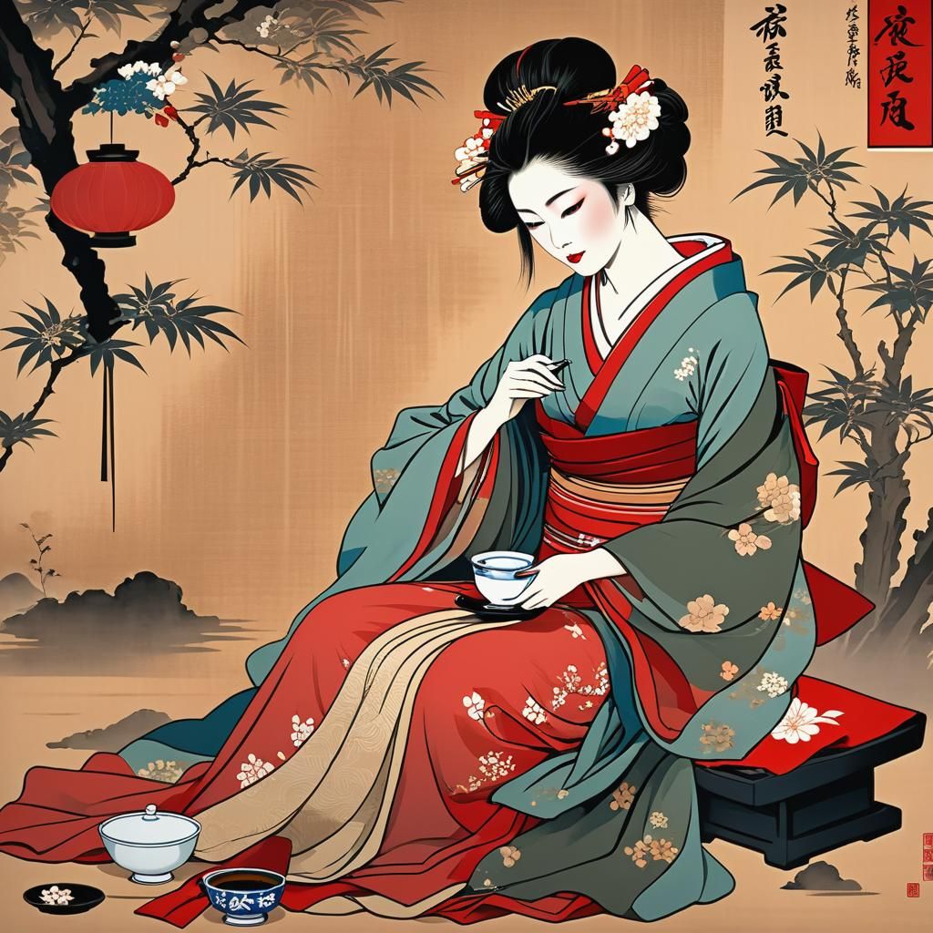 Geisha, Japanese 1800s ukiyo-e painting, woodblock print