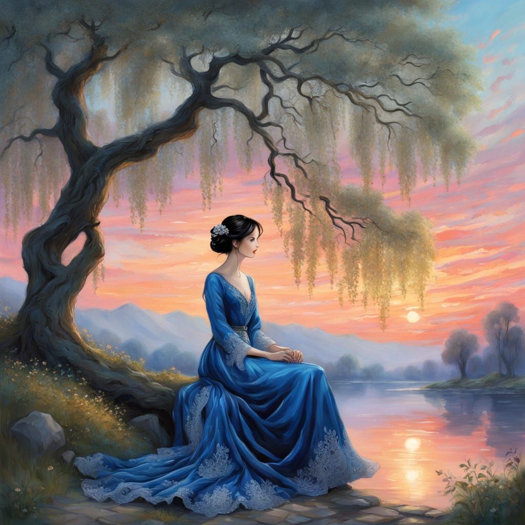 Lady Under Willow Tree in Dreamy Sunset Glow