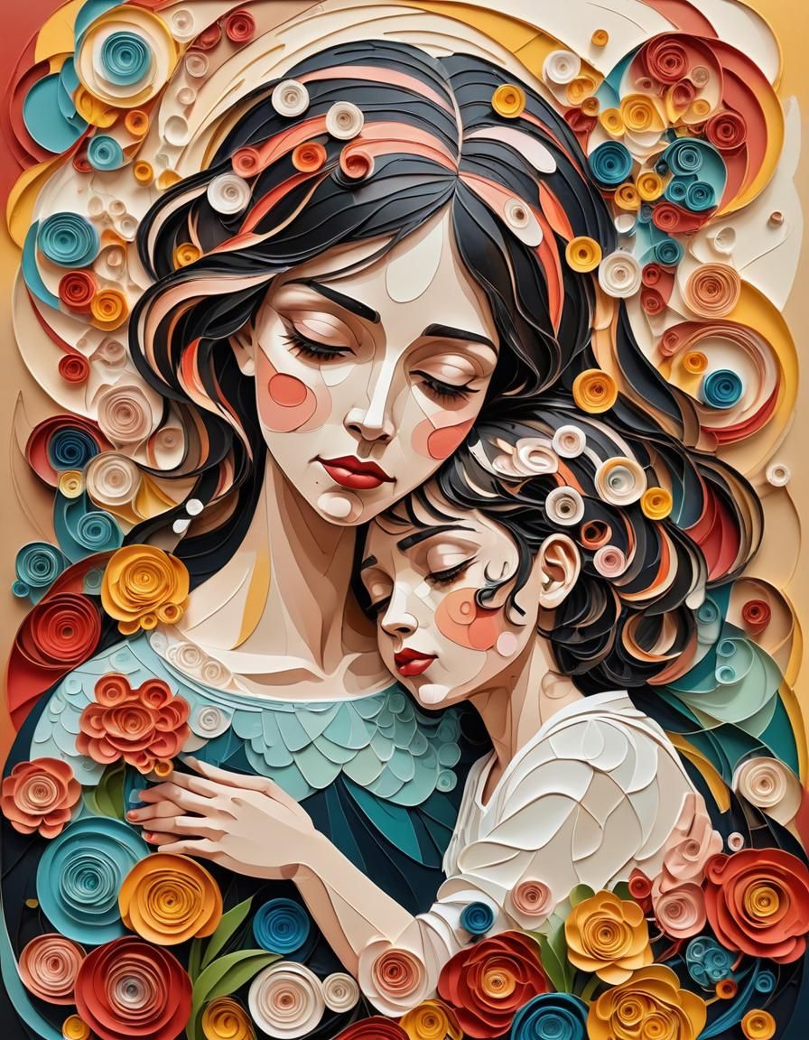 Emotional Mother and Child in Cubist Art Deco Style