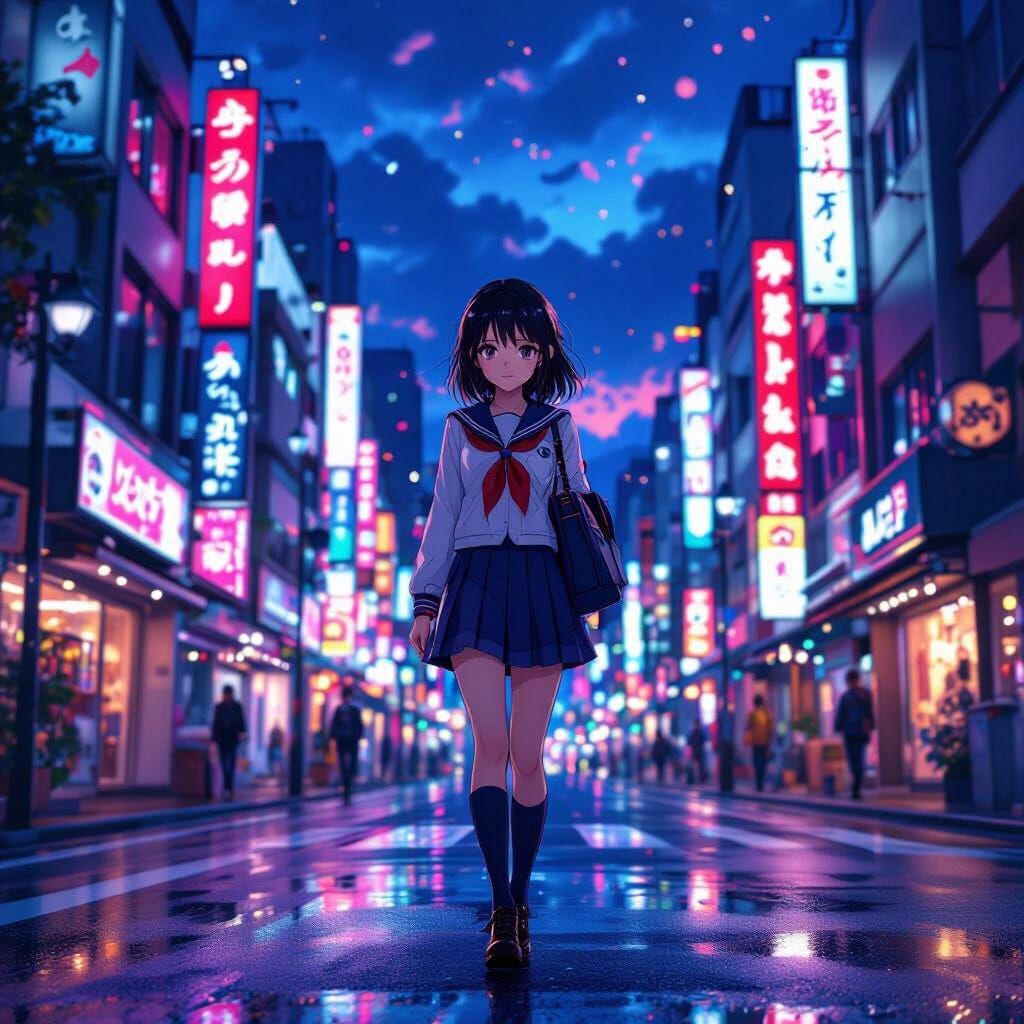 Anime Girl in Neon Tokyo Street at Night: Matte Painting Sty...