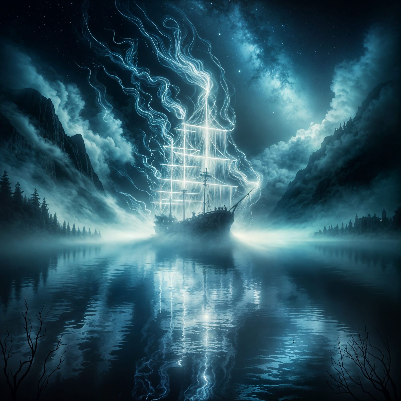 Ghost Ship Sails on Misty Lake at Night