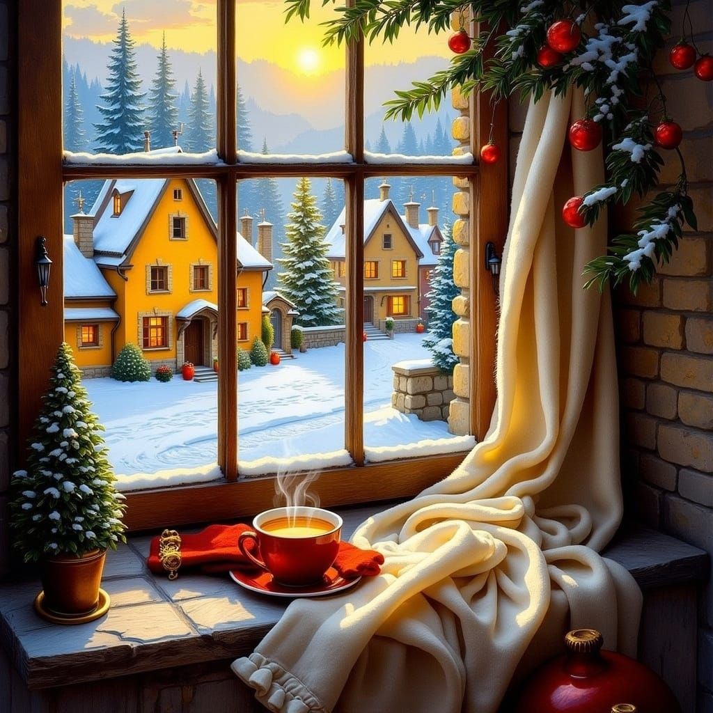 Festive Christmas Village Beyond a Winter Window