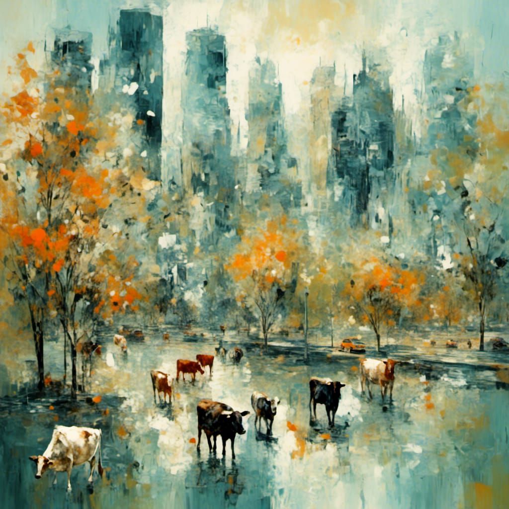 Cows Roam City as Impressionist Painting