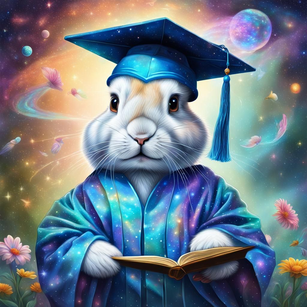 Cute Rabbit Graduates: Holographic Astral Illustration