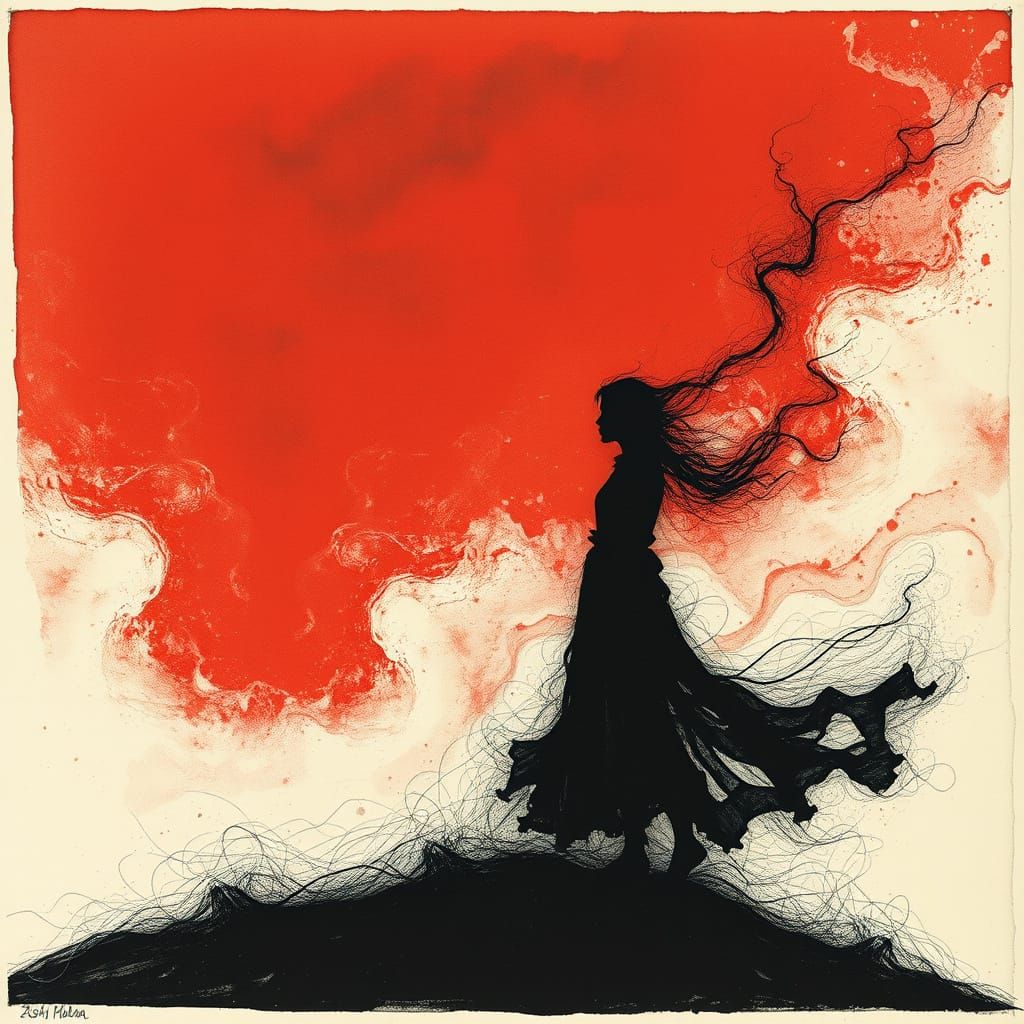 Silhouette in a Blood-Red Sky: Surreal Abstract Art