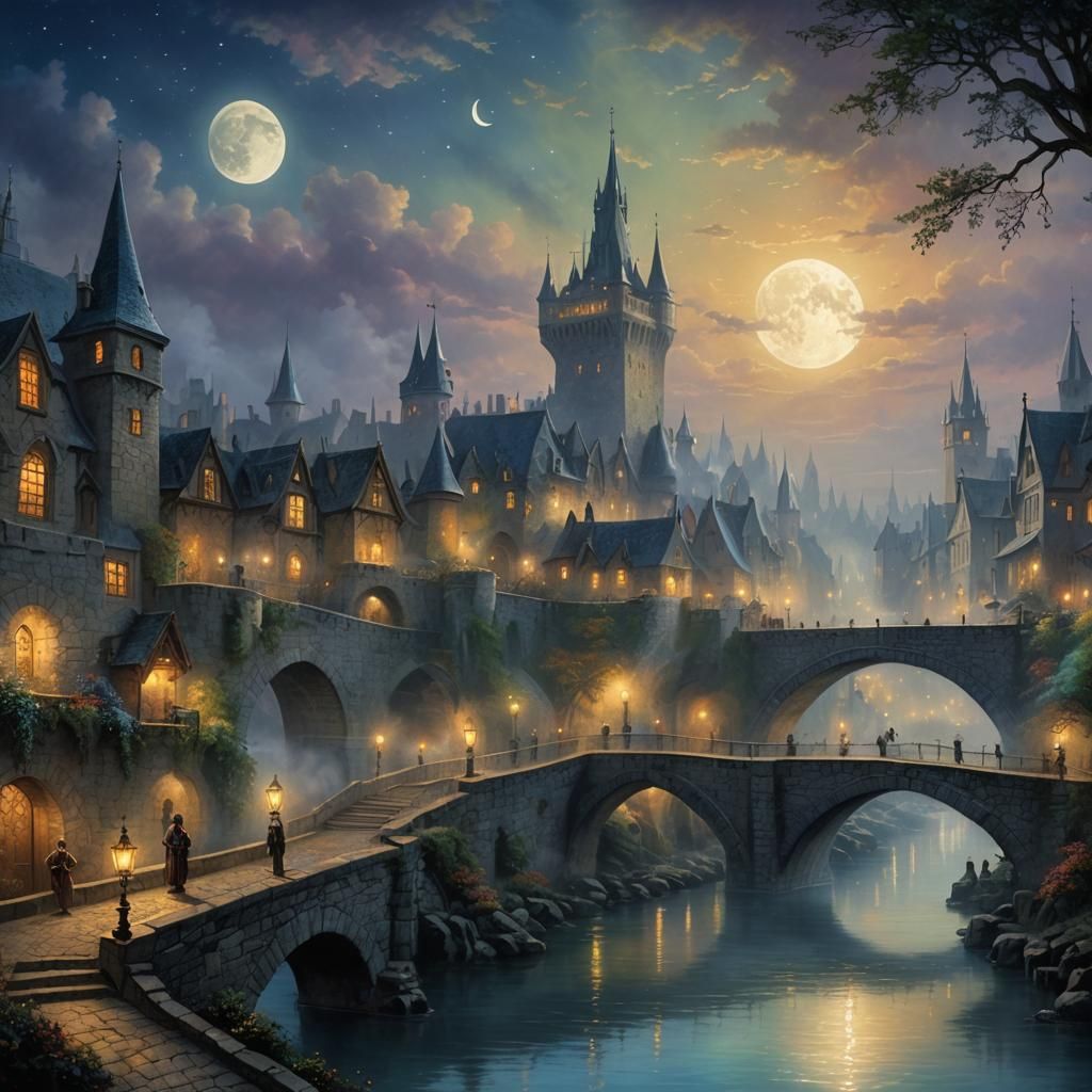 Medieval Fantasy Bridge at Night in Ethereal Style