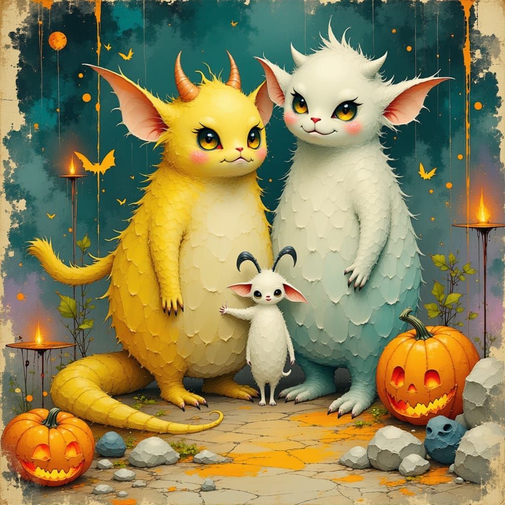 Whimsical Eerie Monsters in Pastel Halloween Scene