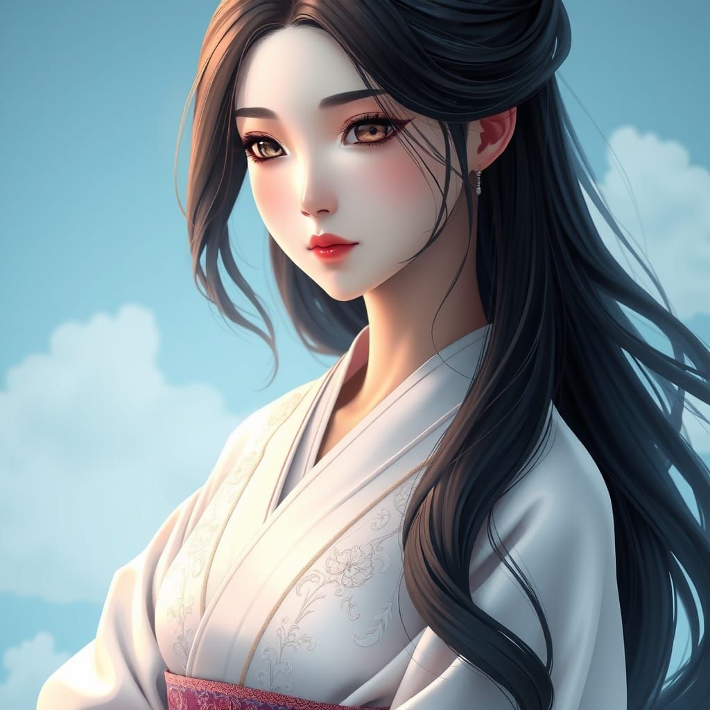 Elegant Anime-Inspired Woman in Dreamlike Atmosphere