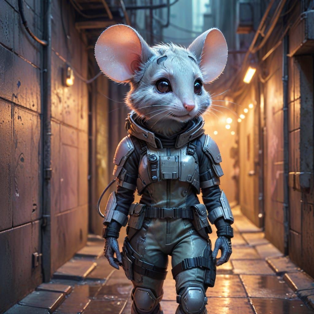 Pastel Watercolor Mouse in Neon Alleyway