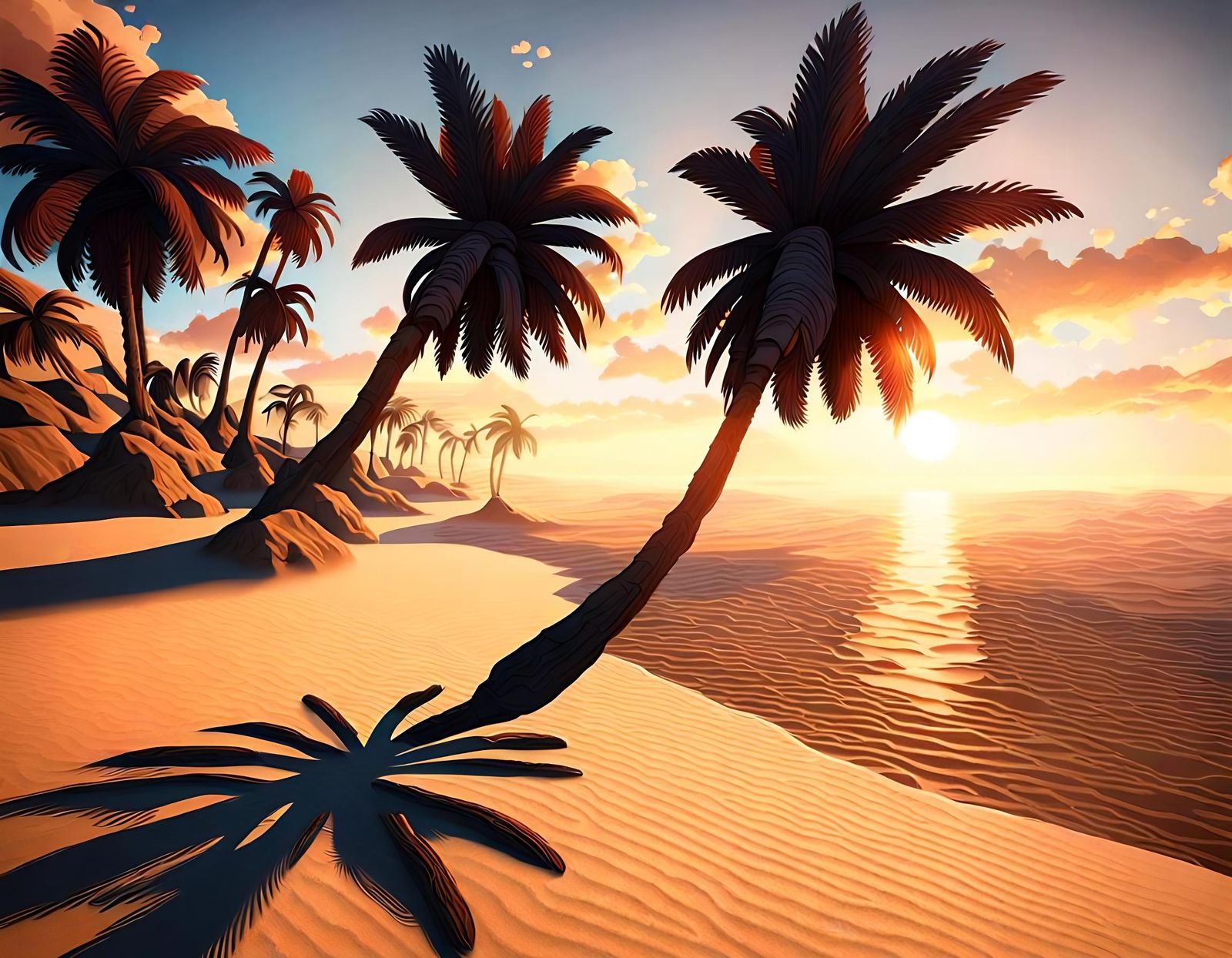 Tropical Beach Sunset with Eclipse in Fantasy Style