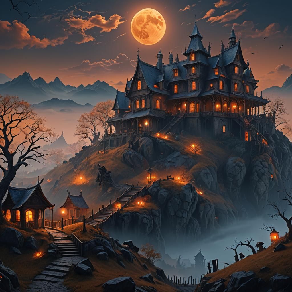 Haunted house on the hill, full and orange moon, goblins