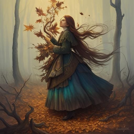 Autumnal Woman in Forest: Hyperrealistic Splash Art