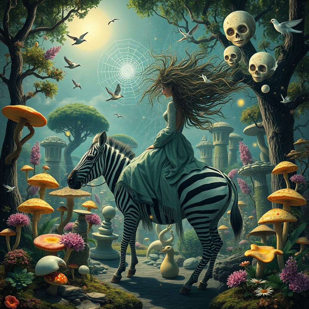 Goddess of Life Rides Zebra Through Surreal Dreamscape