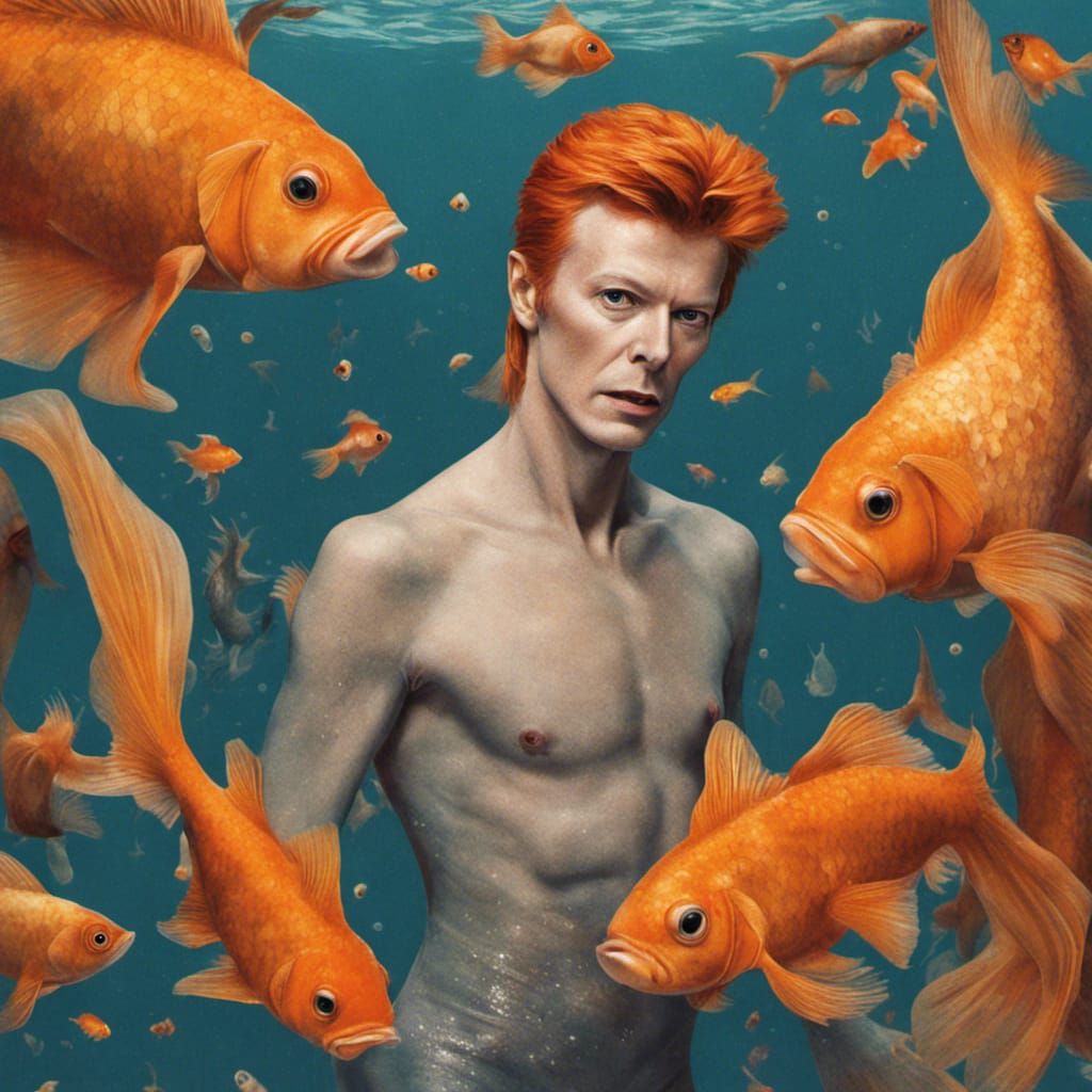 David Bowie as merman , orange fish tail, swimming underwater  amongst goldfish