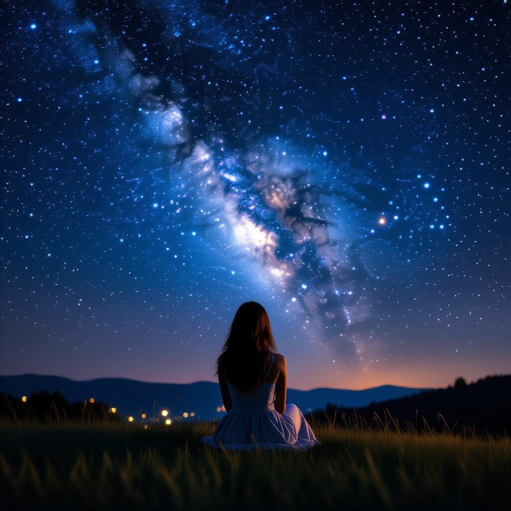 Woman Gazing at Starry Night Sky Silhouette
