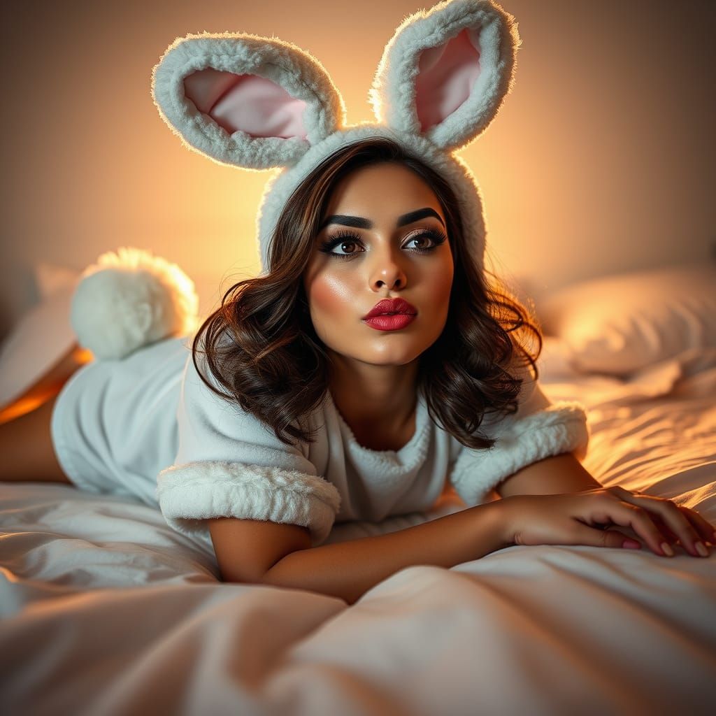 Bunny Costumed Woman Offers Air Kiss