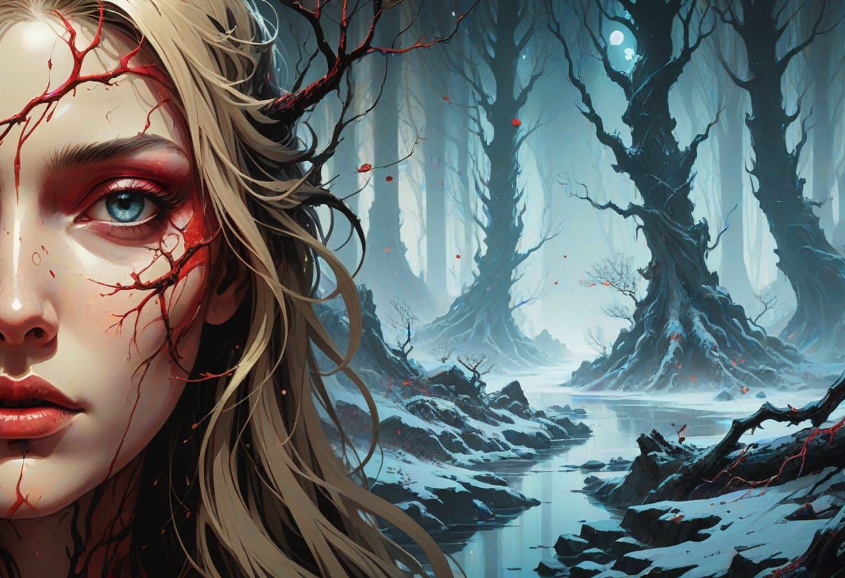 Ethereal Blonde Woman in Dark Fantasy Landscape