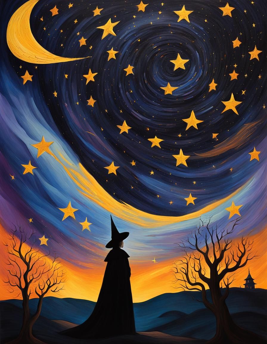 Witch Gazing at Stars: Impasto Painting