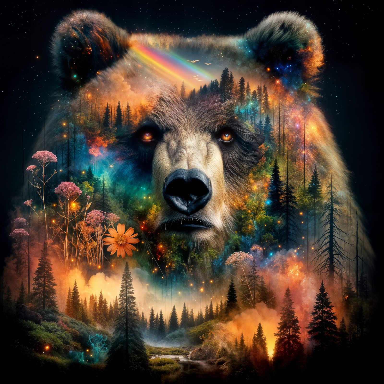 Bear Face Double Exposure with Forest Ecosystem