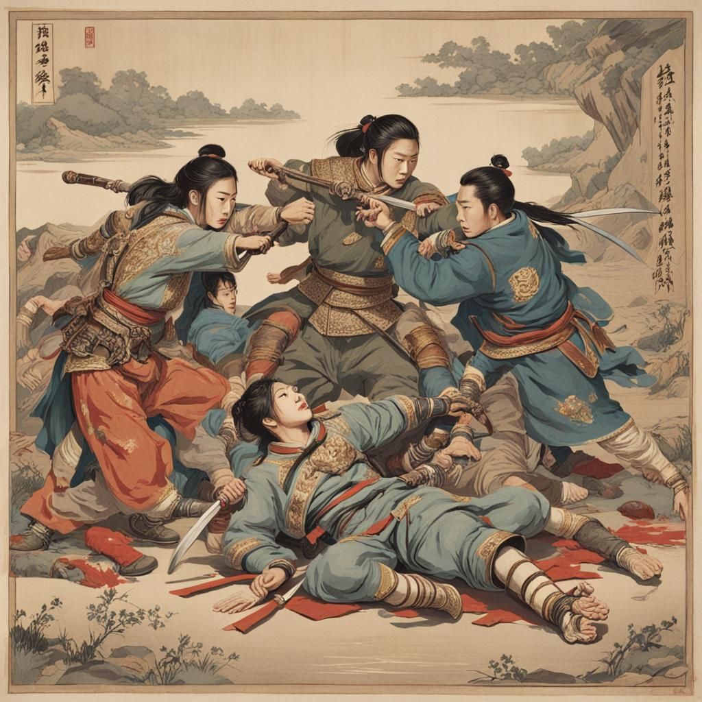 Intense Battle Scene with Wounded Woman