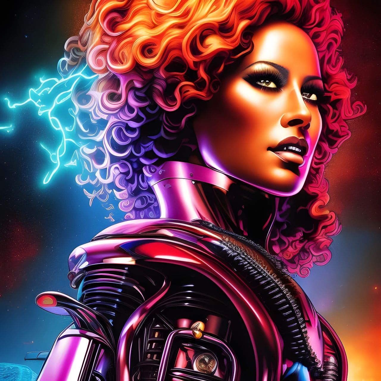 Cyberpunk Amber Rose Motorcycle Art in Neon Graffiti Style