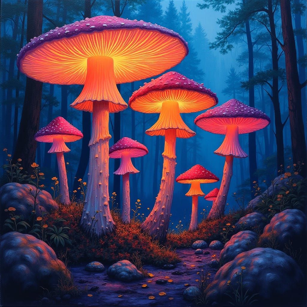 Mystical Gouache Painting of Glowing Mushrooms in a Primeval...