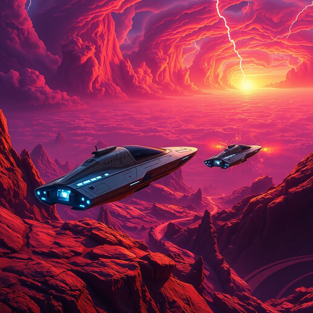 Cyberpunk Survey Skiff Hovers Above Turbulent, Magma-Scarred...