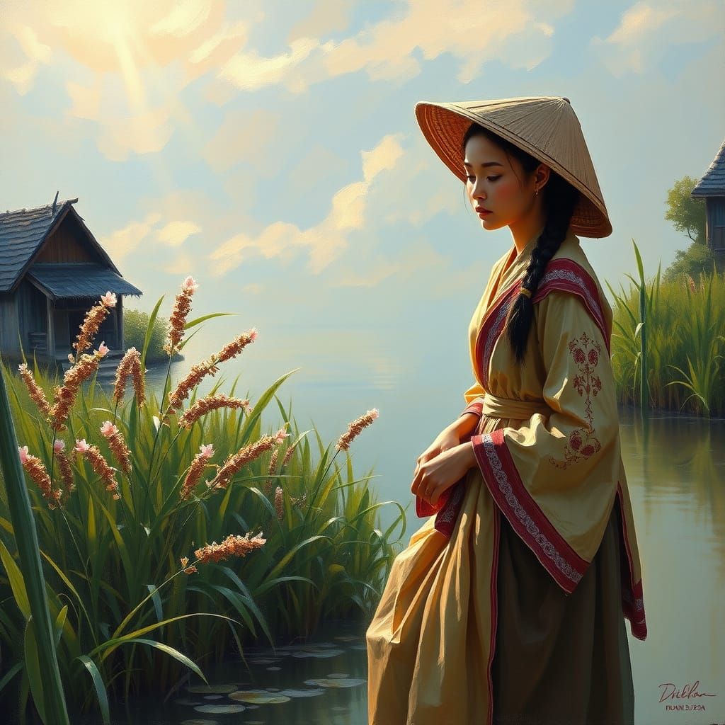 Girl in Traditional Dress by a River
