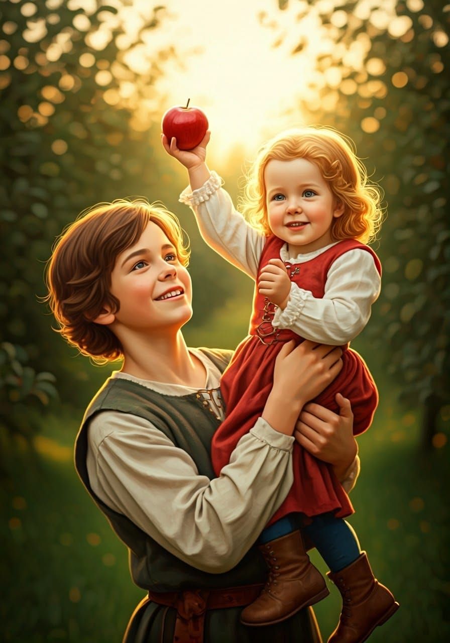 Brother Helping Sister in Orchard, Watercolor and Ink Style