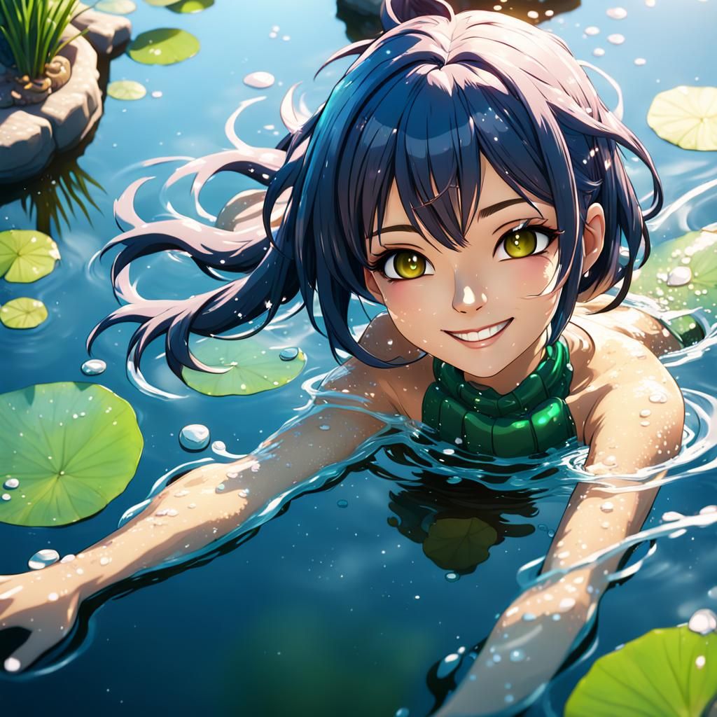 Anime Woman Bathing in Pond: Detailed Matte Painting