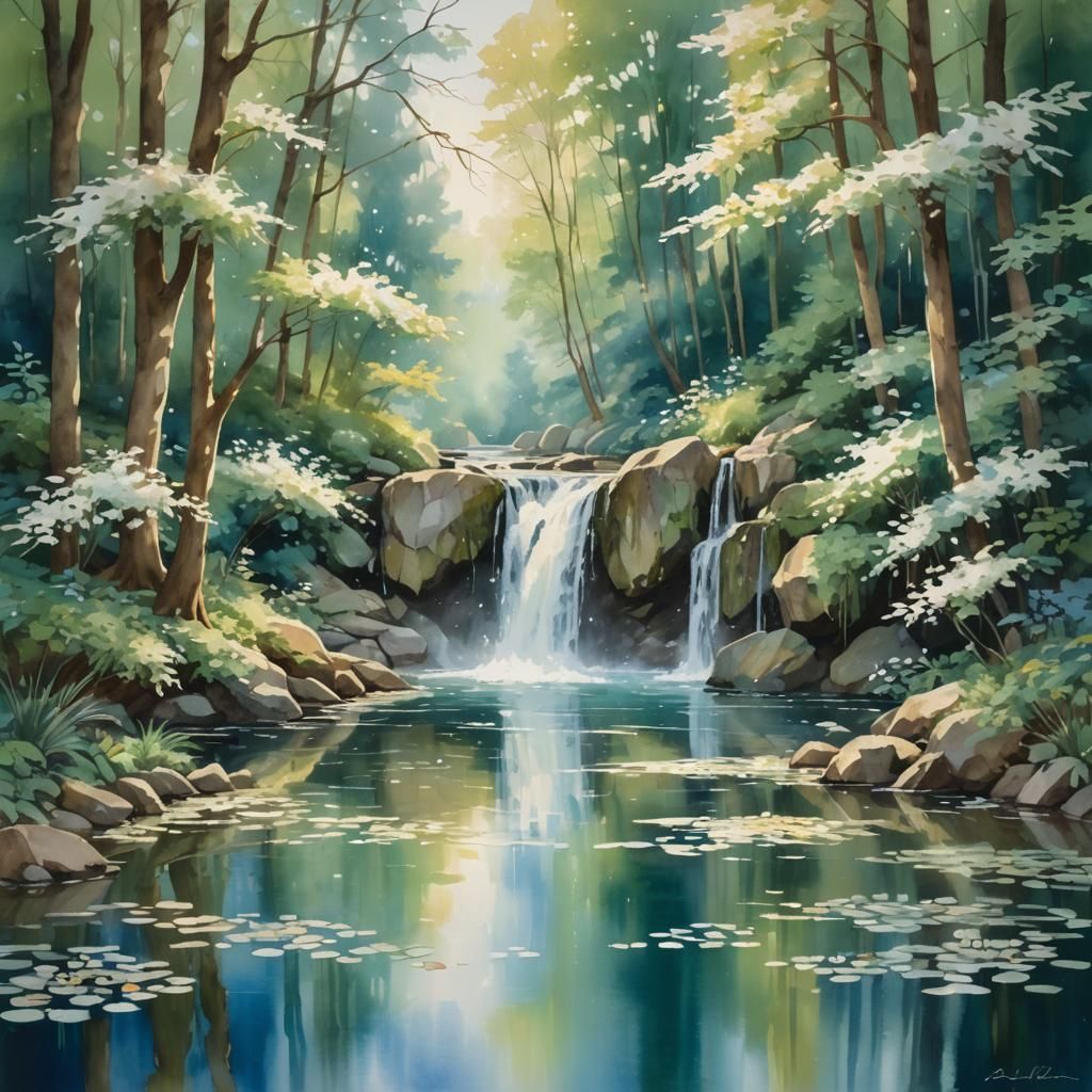 Cascading Waterfall in Impressionistic Style