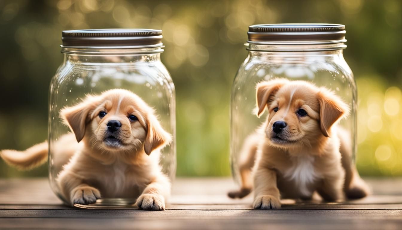 Two cute little puppies playing in a jar.