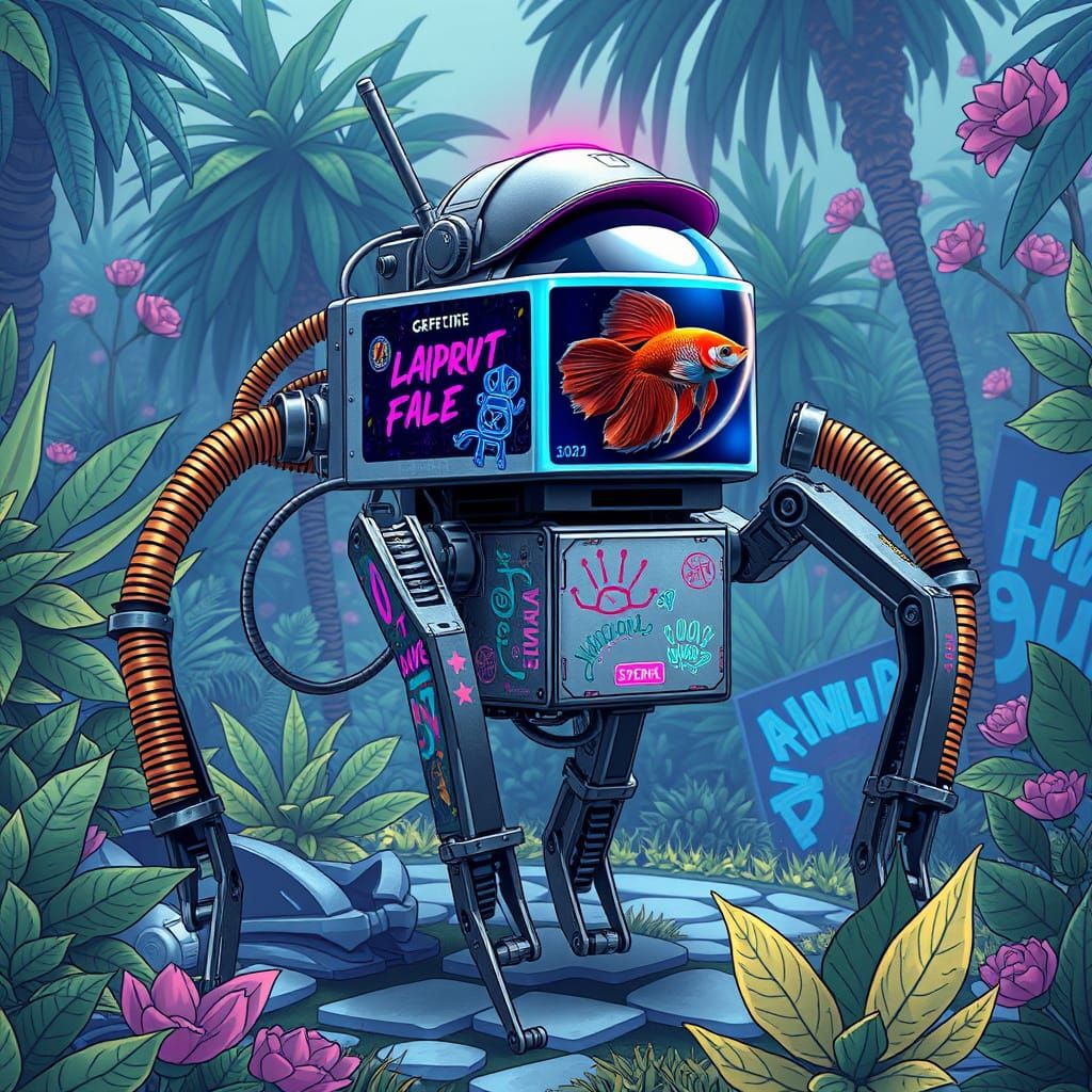 Futuristic Robot Pet in Neon Cyberpunk Garden