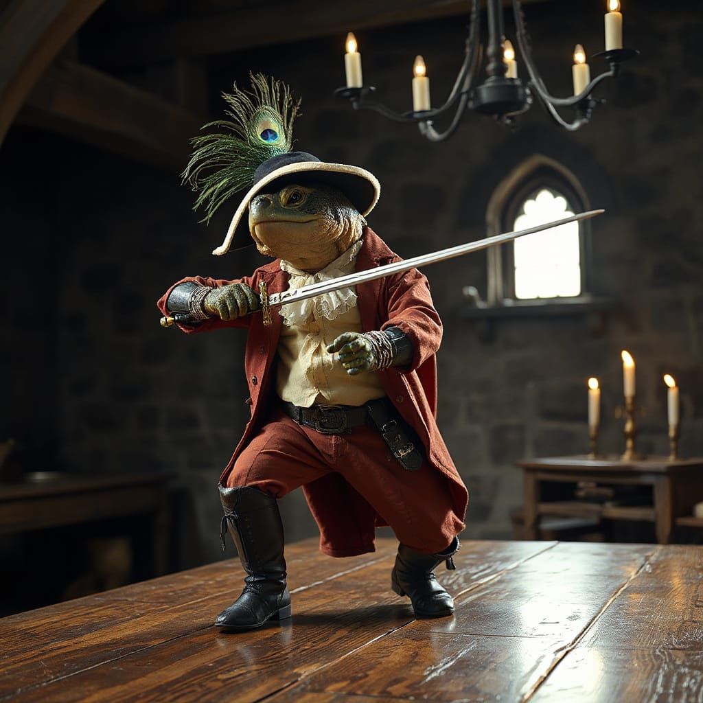 Turtle Musketeer Ready to Lunge, Cinematic 1970s Style