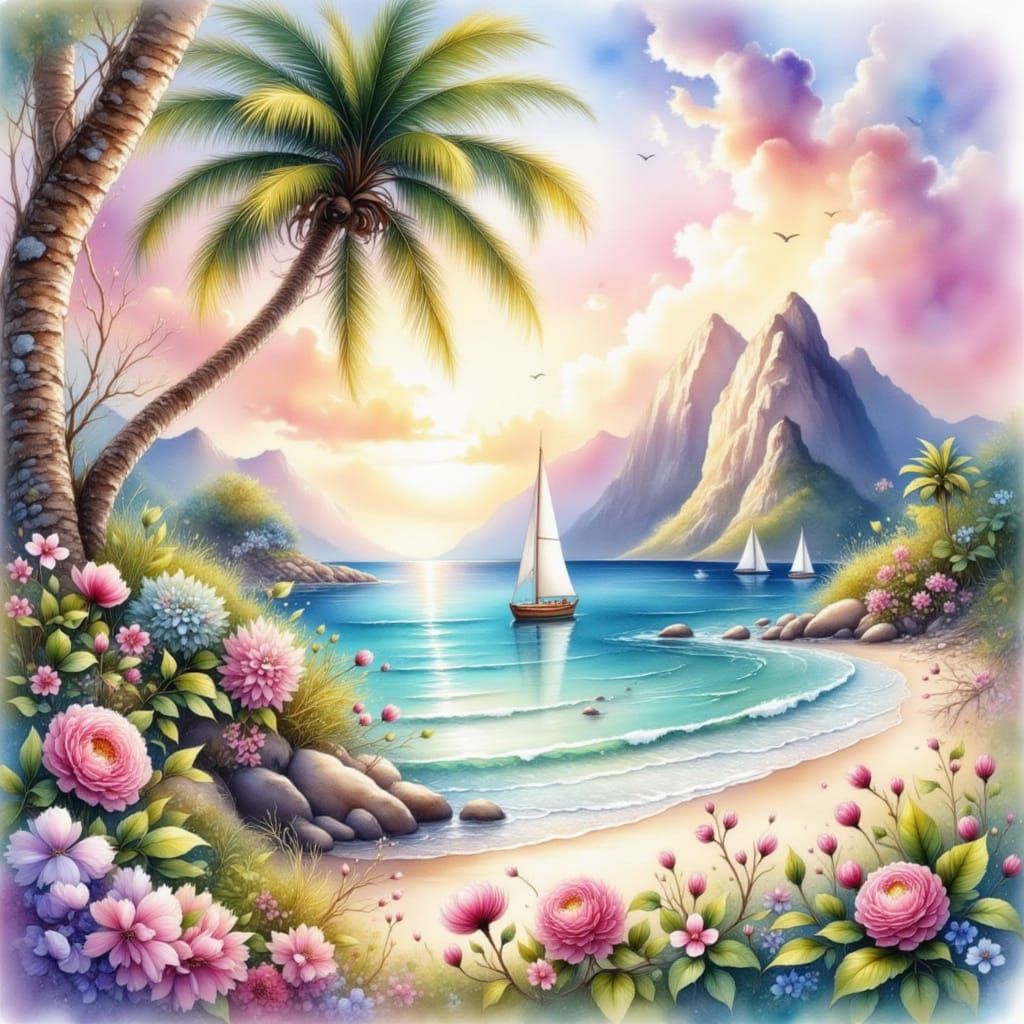 Dreamy Tropical Oasis at Sunset in Watercolor