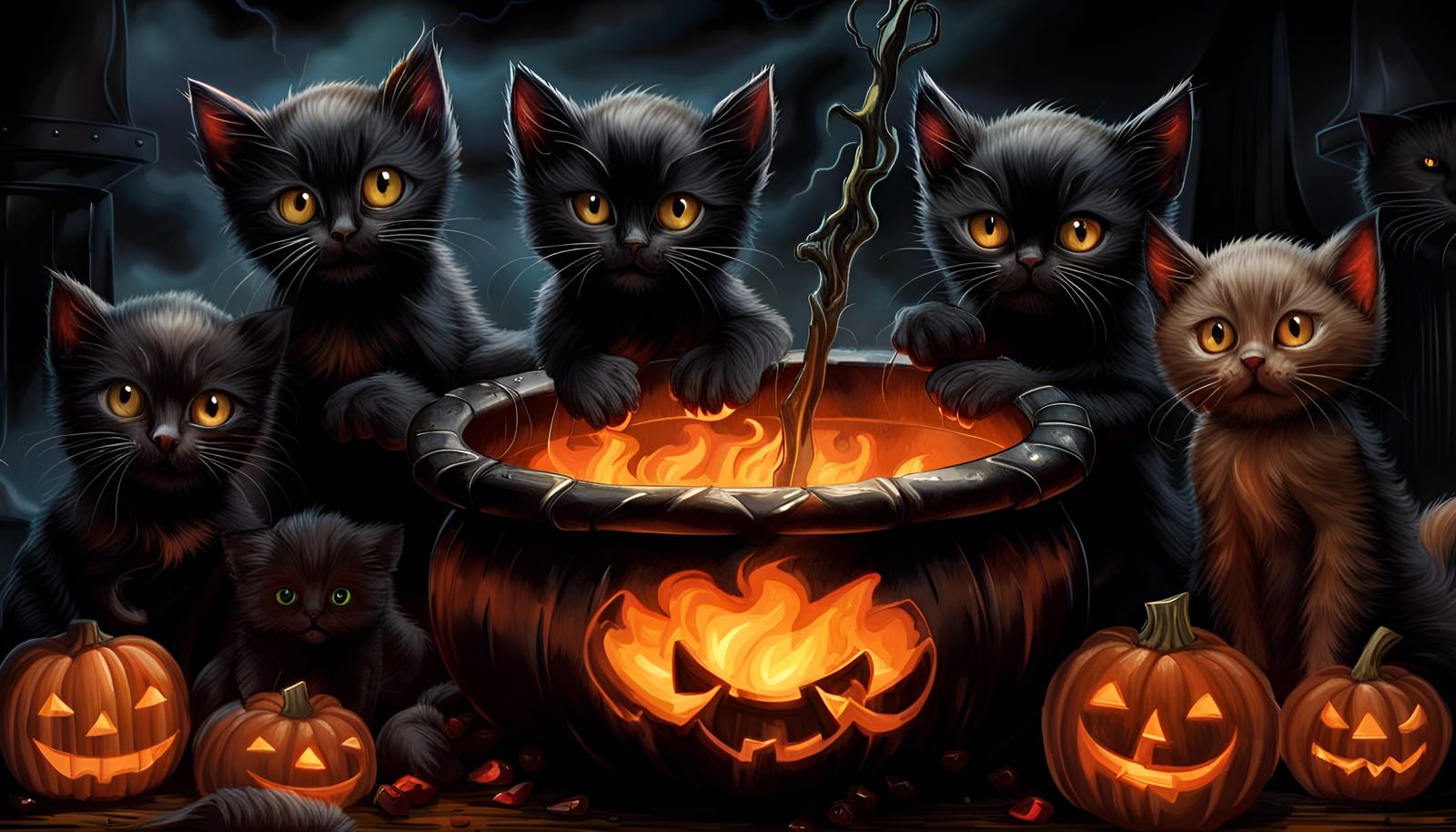 Halloween Kittens and Cauldron in Dark Atmosphere