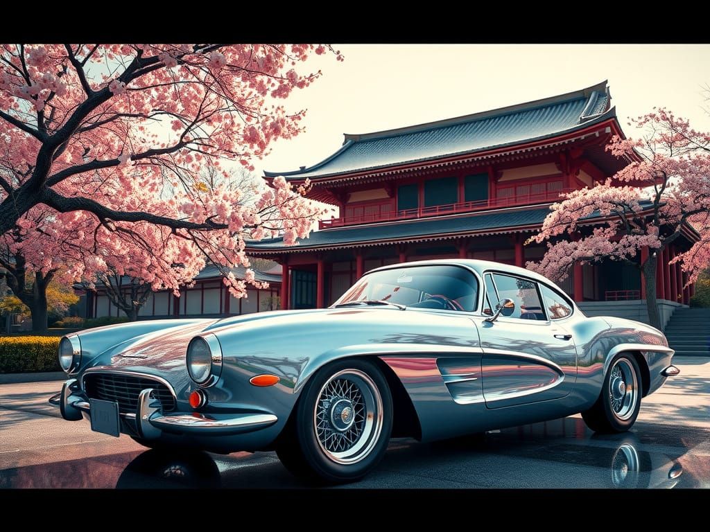 Classic Chrome Car in Traditional Japanese Temple Setting