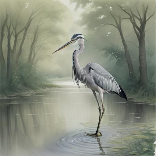 Grey Heron in Summer Stream: Watercolor Painting