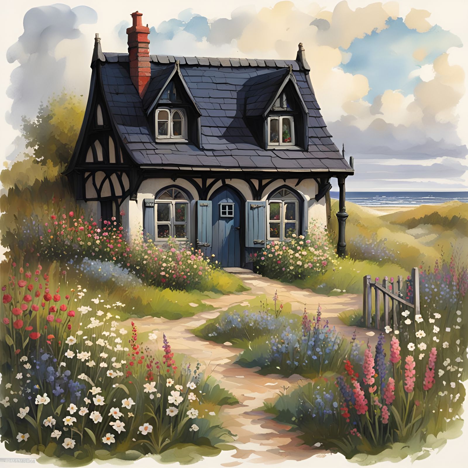 Gothic Cottage by the Shore with Spring Flowers