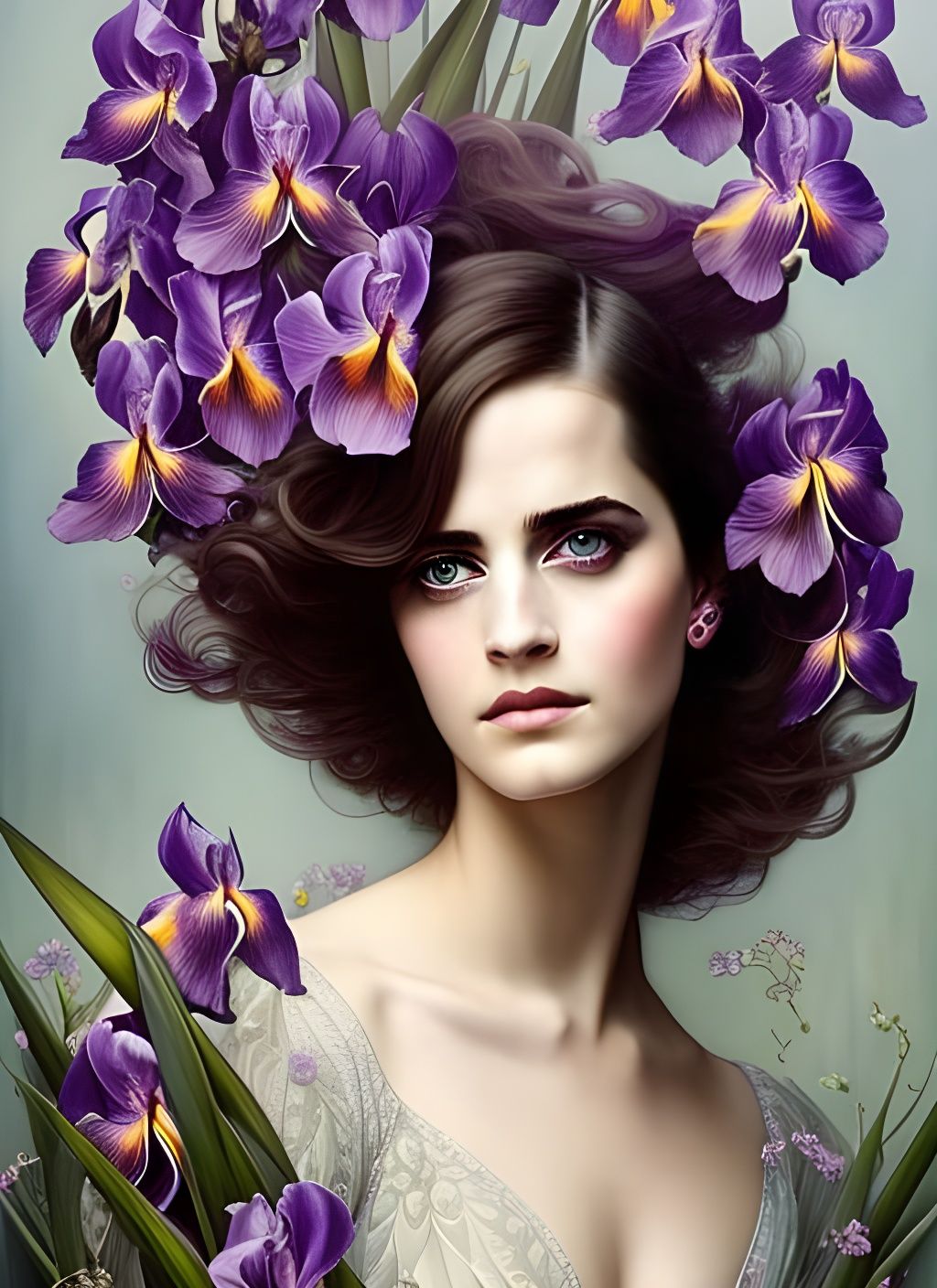 Goddess Portrait with Violet Irises in Digital Art