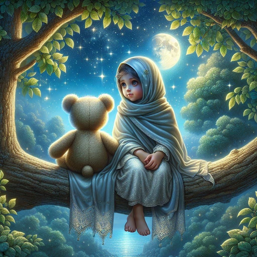Magical Moonlight: Girl and Teddy Bear in Digital Painting