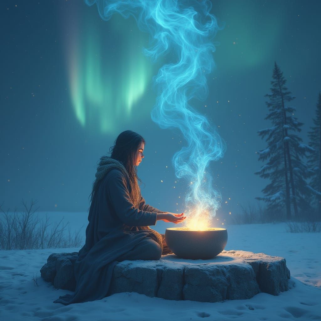 Ancient Priestess in Stone Circle with Auroras, Matte Painti...