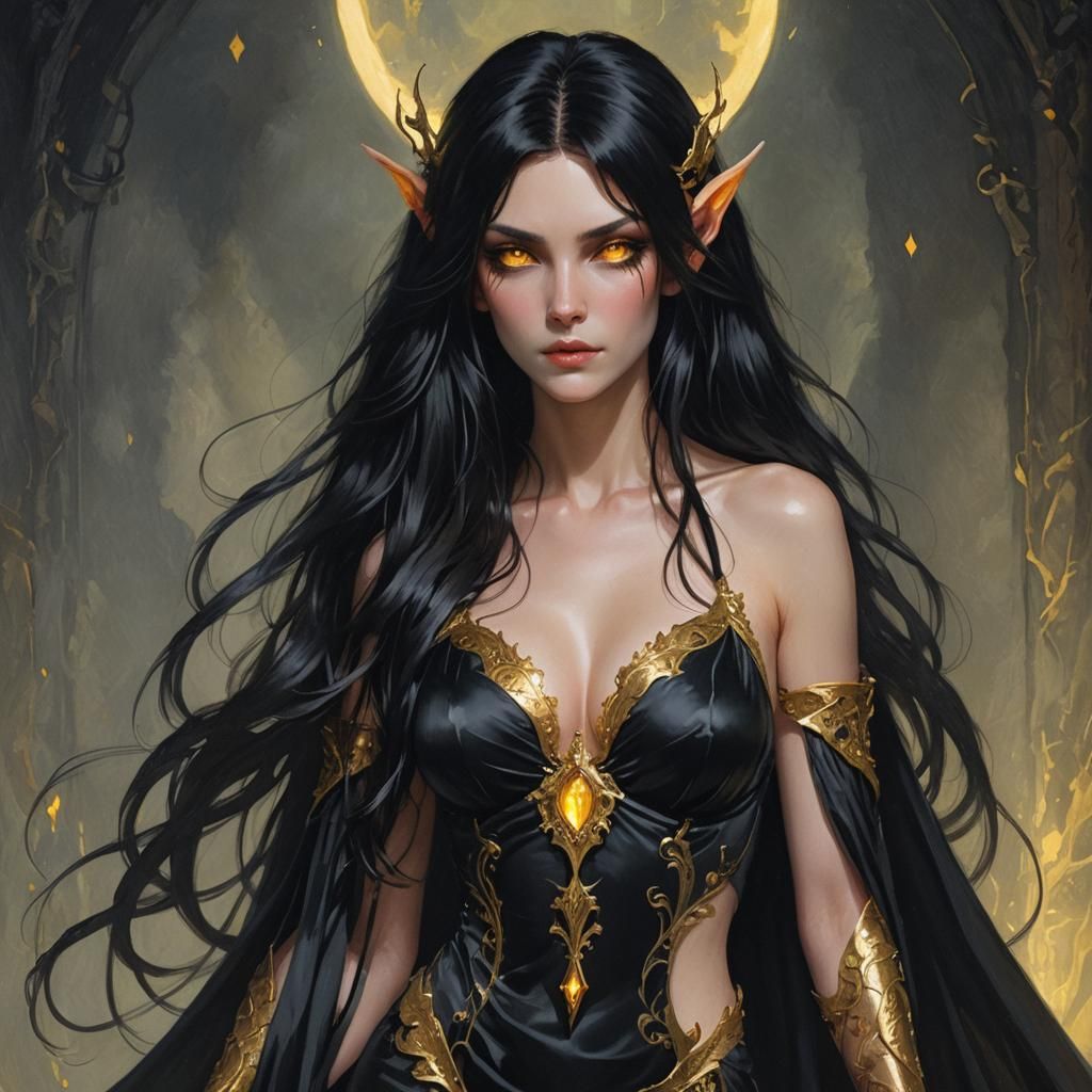 Elven Woman in Dark Silk Gown with Glowing Eyes
