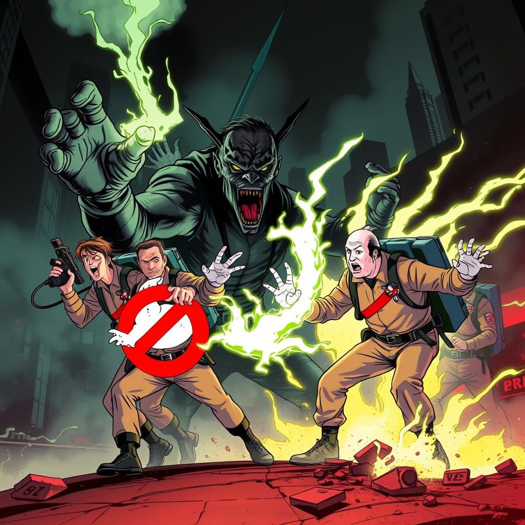 Ghostbusters Battle Dark Nosferatu in Anime Style